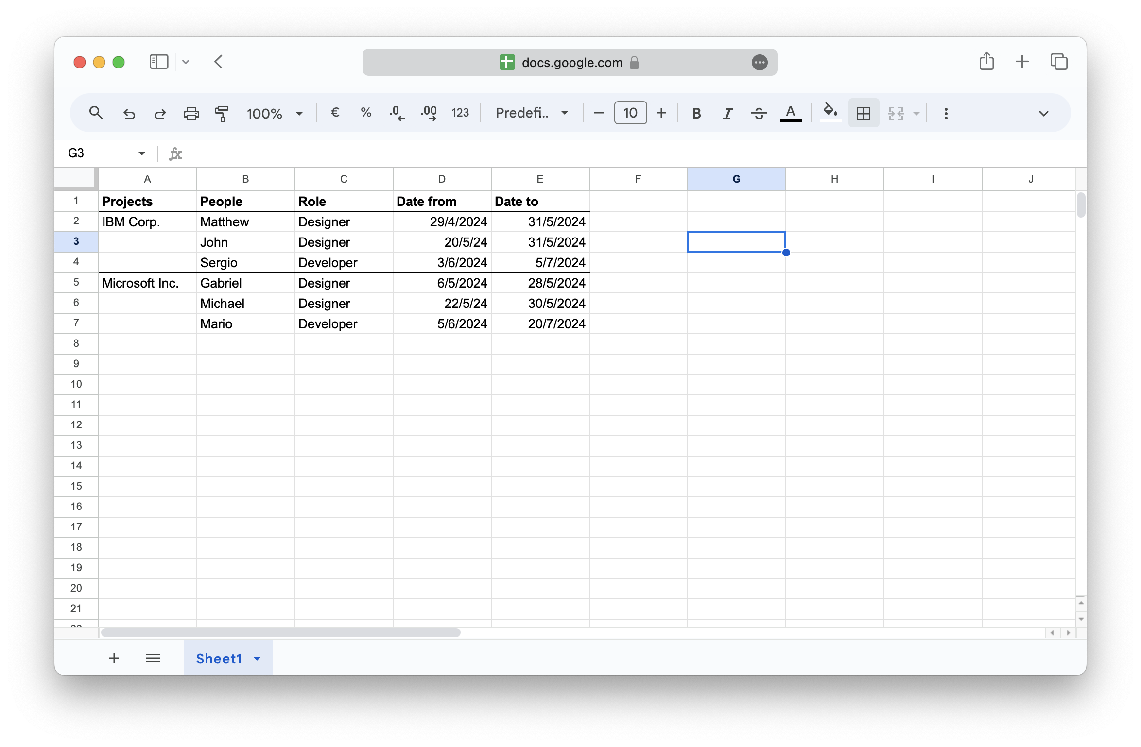 Simple Google Sheets workload planning