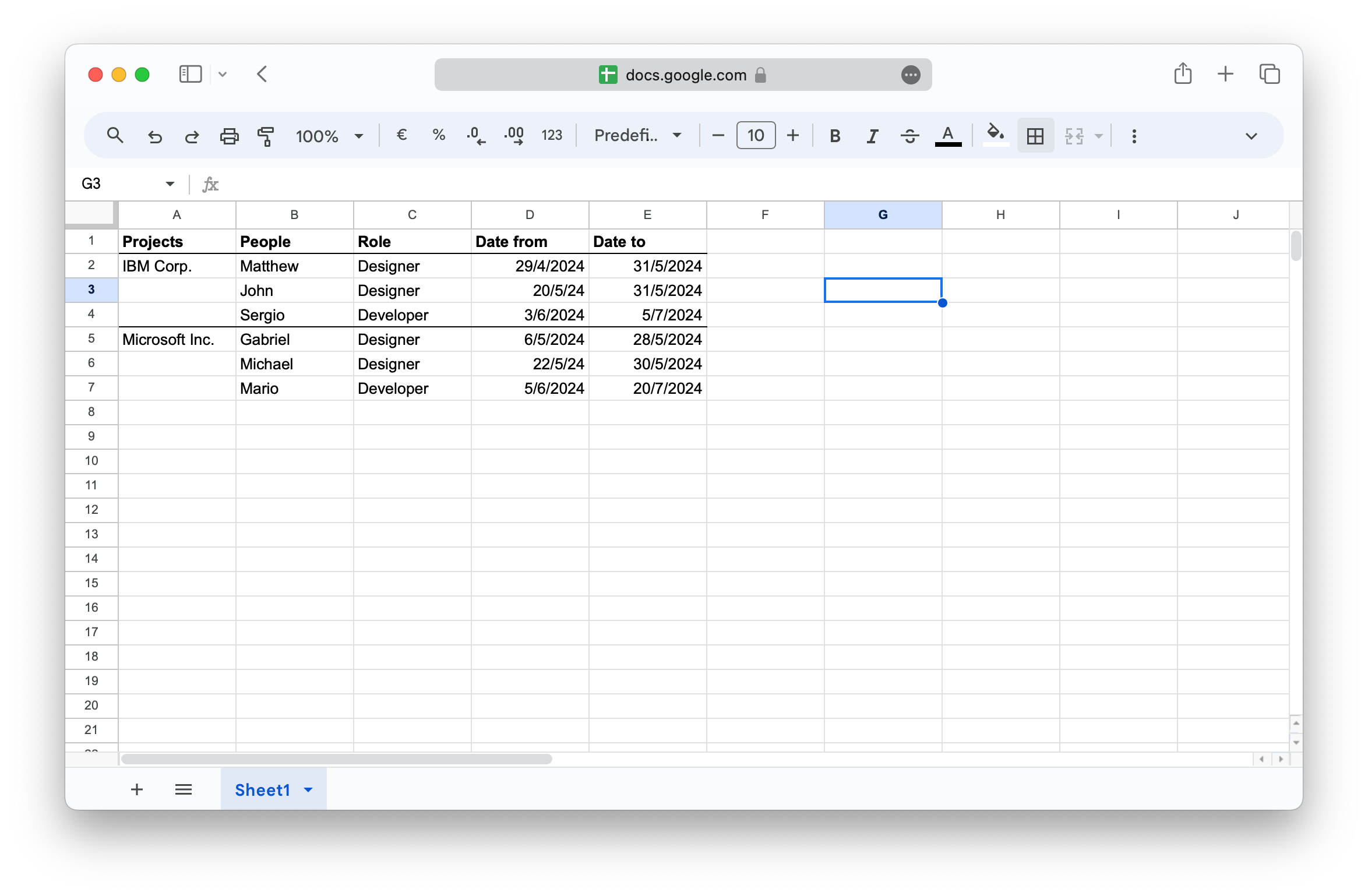 Simple Google Sheets workload planning